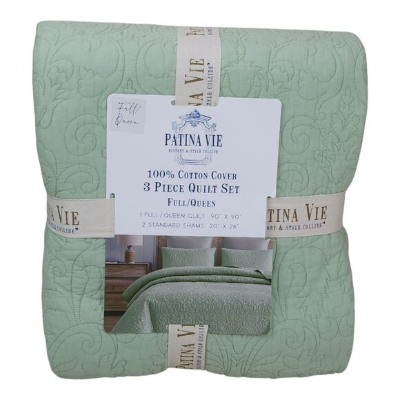 Patina Vie 3 Piece Quilt Set Full/Queen 90"x 90" Cotton Cover Sage Green 2 Shams - Picture 1 of 9